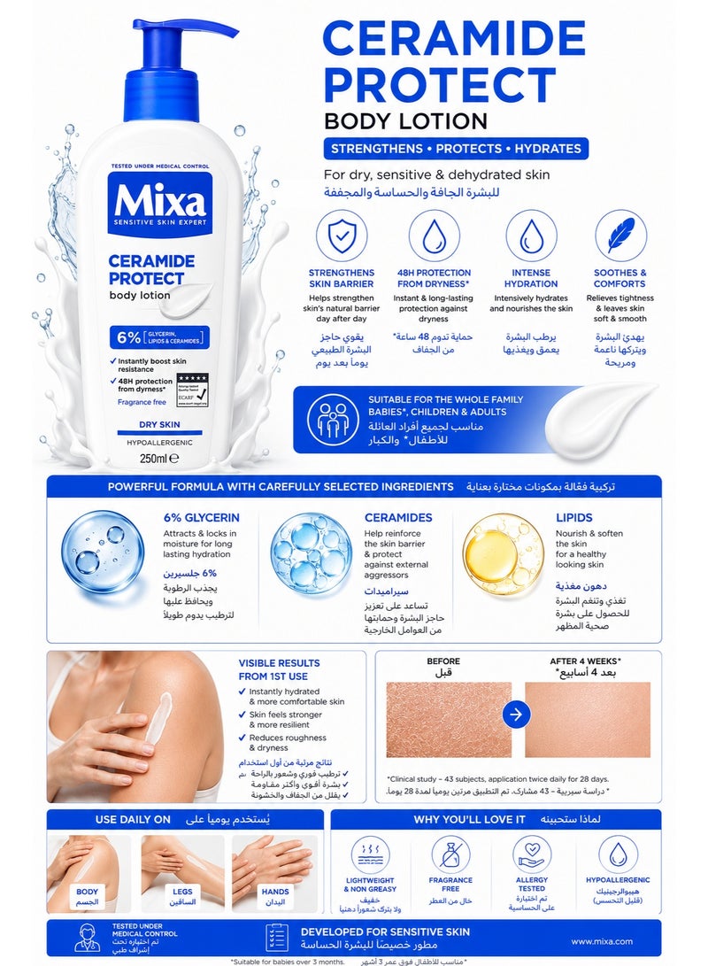 Mixa Ceramide Protect Body Lotion with 6% Glycerin, Lipids & Ceramides for Dry & Sensitive Skin, 250ml - Image 2