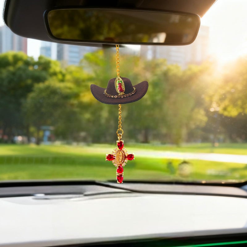 Qiwen Brown Cowboy Hat Cross Car Charm Country Western Car Accessories Sunflower Cow Print for Women Girls Mirror HangingUnique Faith Gift for Her - Image 3