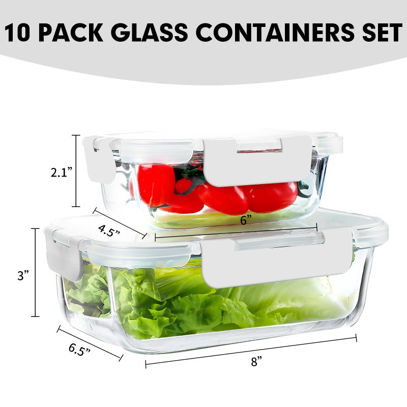VERONES 10Pack Glass Meal Prep Containers, Airtight Glass Lunch Containers,Stackable Food Storage Containers Set with Lids,Exclusive of BPA, for Microwave,Oven, Freezer&Dishwasher Friendly,White - Image 2