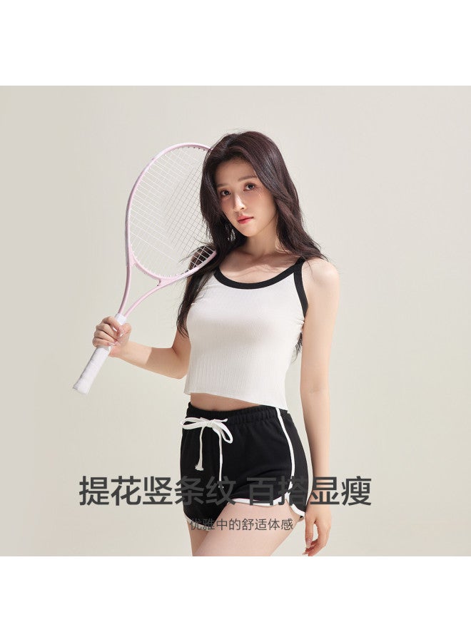 Red Bean Jacquard Vertical Striped Vest For Women, Short Sports Tank Top, Slimming Sleeveless Camisole - Image 5