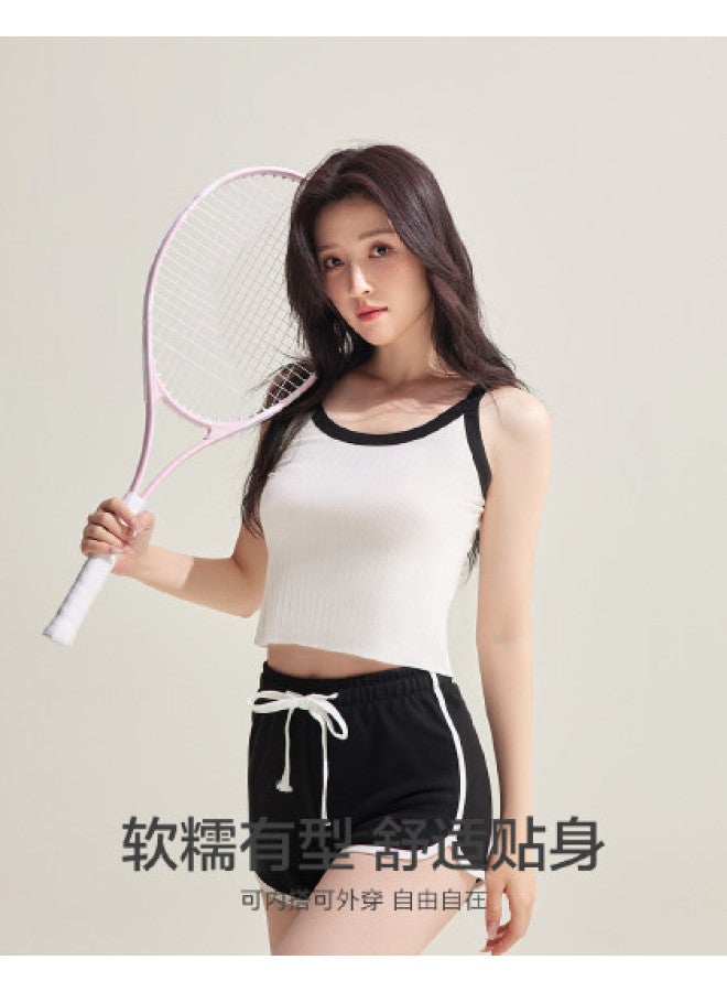Red Bean Jacquard Vertical Striped Vest For Women, Short Sports Tank Top, Slimming Sleeveless Camisole - Image 1