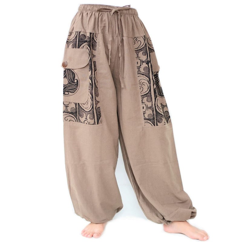 Siamrose Baggy Yoga Harem Pants Men Women Casual Lounge Trousers, 2 Big Pockets, One Size. Elastic Waist Beige - Image 1
