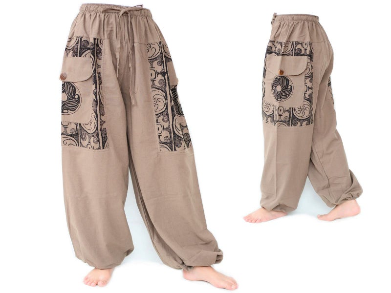 Siamrose Baggy Yoga Harem Pants Men Women Casual Lounge Trousers, 2 Big Pockets, One Size. Elastic Waist Beige - Image 3