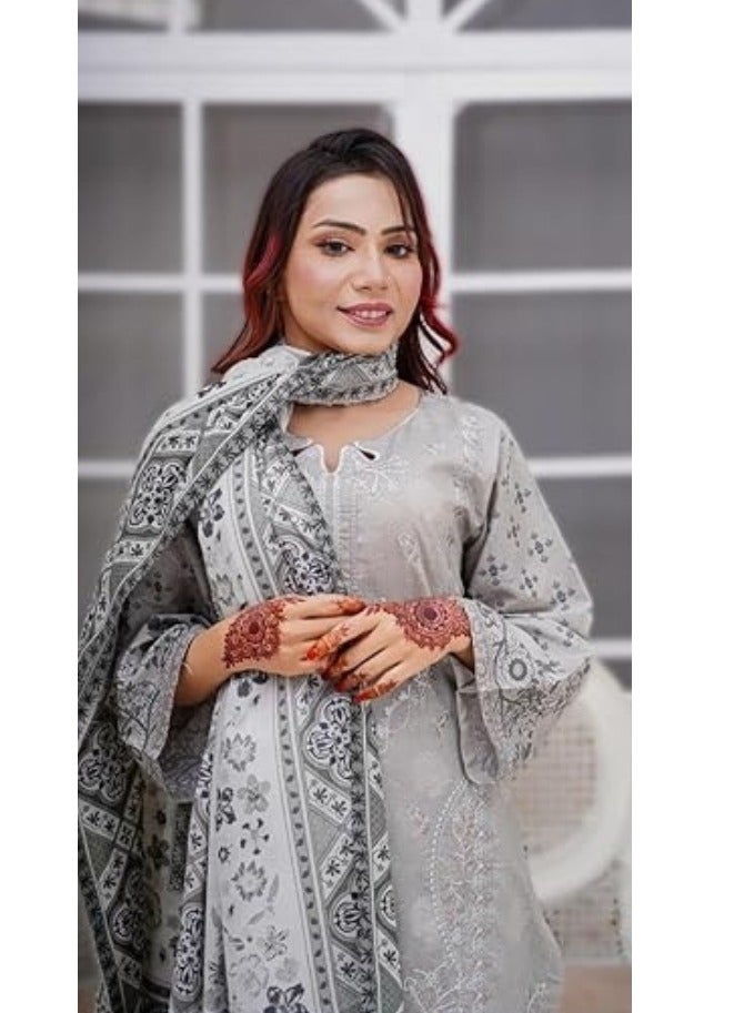 وينشيلز طقم سلوار قميص باكستاني أنيق مطرز باللون الرمادي - كبير - Image 2