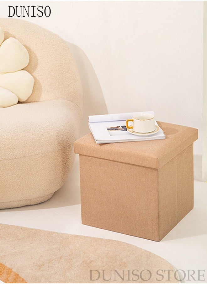 DUNISO - Linen Folding Storage Stool with Lid Storage Ottoman Cube Footrest Stool Under Desk Stool Short Ottoman Folding Ottoman Linen Cloth Light - Image 1