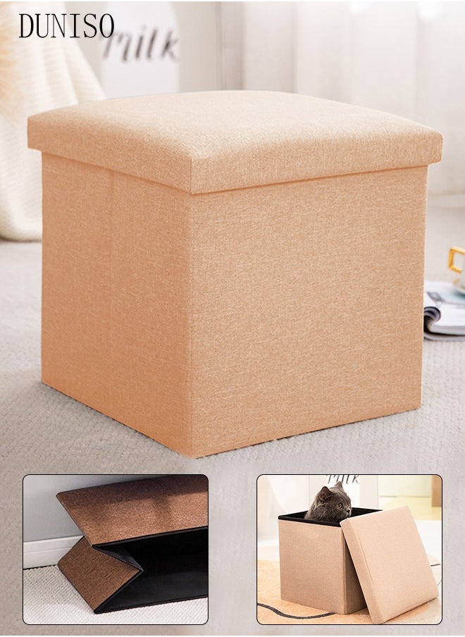 DUNISO - Linen Folding Storage Stool with Lid Storage Ottoman Cube Footrest Stool Under Desk Stool Short Ottoman Folding Ottoman Linen Cloth Light - Image 1