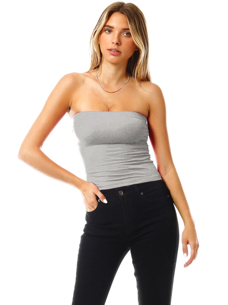 MixMatchy Women's Solid Casual Summer Side Shirring Scrunched Double Layered Tube Top 3PACK - Black/H.Grey/White L - Image 2