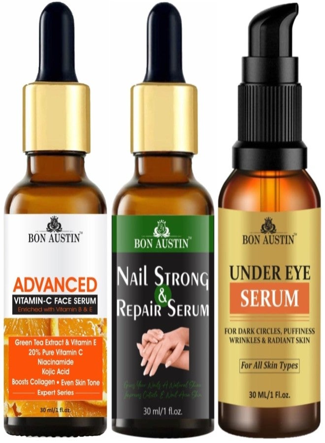Bon Austin مجموعة بون أوستن أدفانس من 3 منتجات: سيروم الوجه بفيتامين سي، سيروم تقوية وإصلاح الأظافر، وسيروم للهالات السوداء تحت العين (30 مل لكل منتج). - Image 1