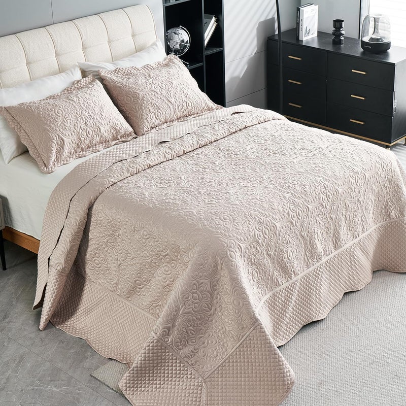 Cmfshape Satin Silky Quilt Set California King Size,3 Pieces Thin Super Soft Satin Quilt Set Lightweight Comforter Bedspread Coverlet for All Season (Champagne,120"x120") - Image 1