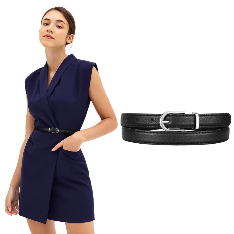 JASGOOD Womens Thin Leather Belt Skinny Faux Leather Belt for Jeans Dress with Light Silver Buckle,Black/Fit Waist Size 26-30 inch - Image 2