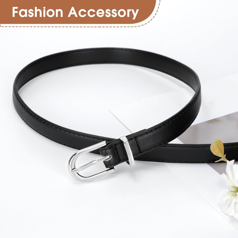 JASGOOD Womens Thin Leather Belt Skinny Faux Leather Belt for Jeans Dress with Light Silver Buckle,Black/Fit Waist Size 26-30 inch - Image 4