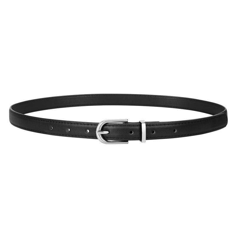 JASGOOD Womens Thin Leather Belt Skinny Faux Leather Belt for Jeans Dress with Light Silver Buckle,Black/Fit Waist Size 26-30 inch - Image 1