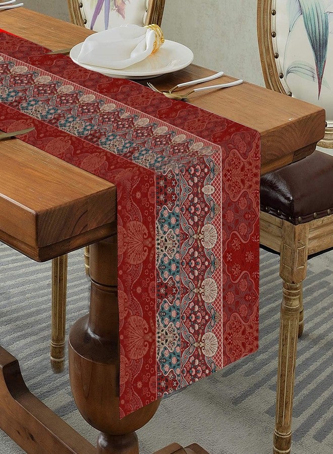 homewards Digitally Printed Ajrakh Print in Red Table Runner Size 13X72 inches - Image 1