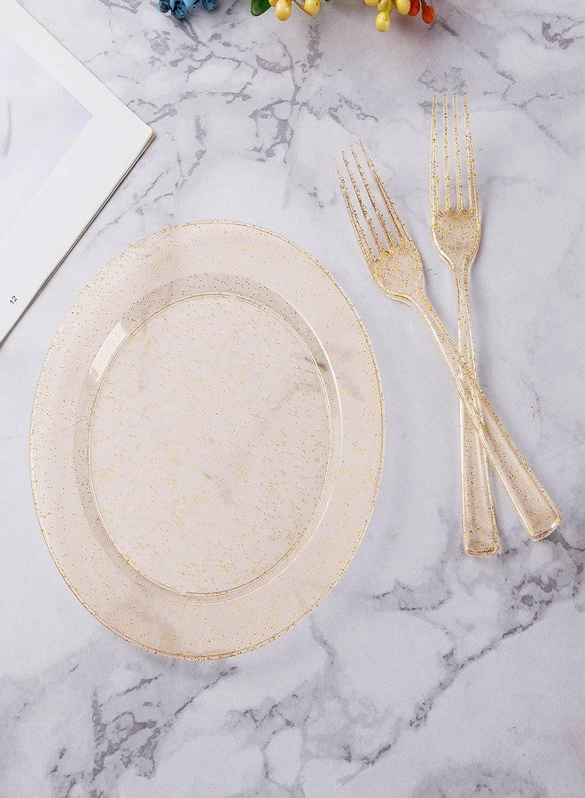 Goodluck 120PCS Gold Glitter Plates with Plastic Forks, Gold Dessert Plates for 60 Guests, Heavy Duty Disposable Plates for Party, Including 60 7" Plastic Plates and 60 7.4" Plastic Forks - Image 2