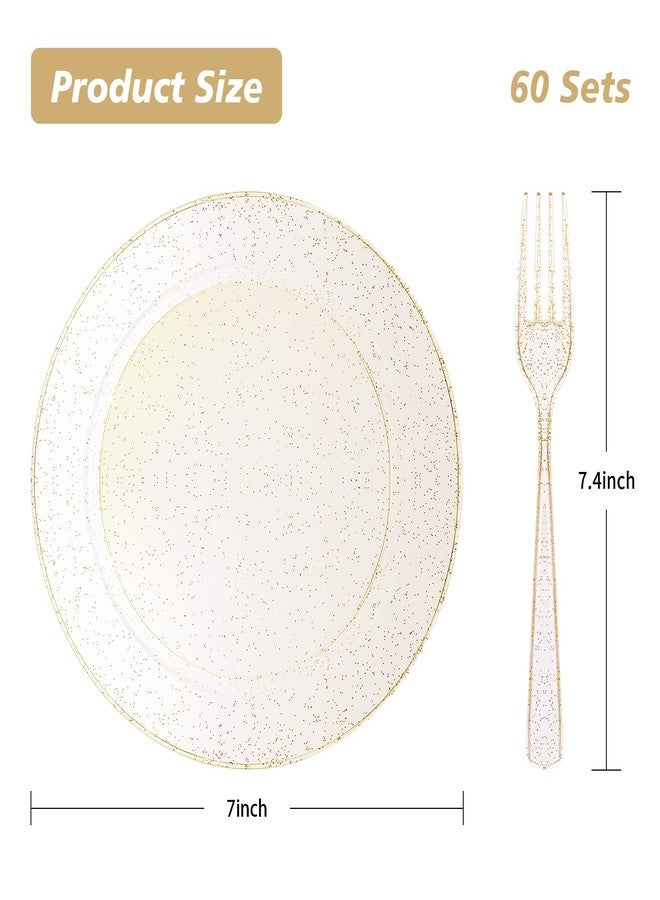 Goodluck 120PCS Gold Glitter Plates with Plastic Forks, Gold Dessert Plates for 60 Guests, Heavy Duty Disposable Plates for Party, Including 60 7" Plastic Plates and 60 7.4" Plastic Forks - Image 4