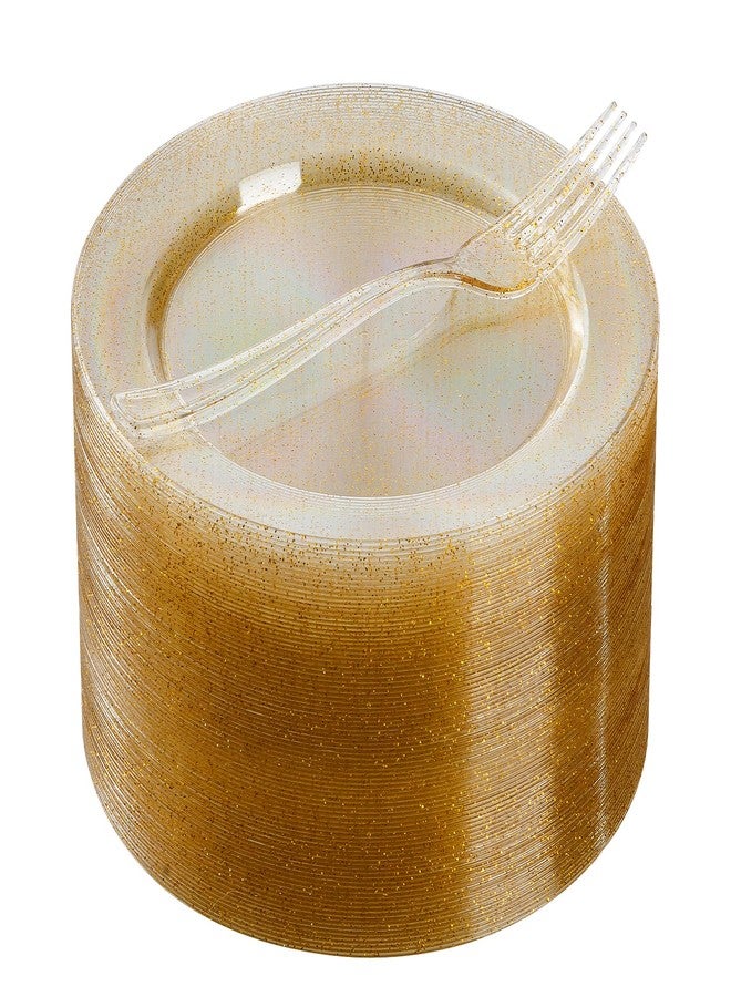 Goodluck 120PCS Gold Glitter Plates with Plastic Forks, Gold Dessert Plates for 60 Guests, Heavy Duty Disposable Plates for Party, Including 60 7" Plastic Plates and 60 7.4" Plastic Forks - Image 1
