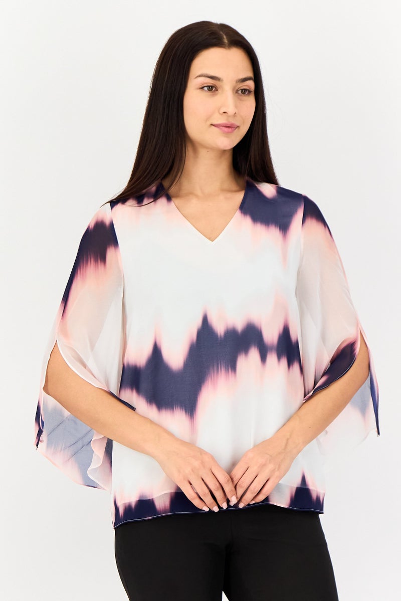 SELECTED Women V Neck Tie Dye 3/4 Sleeve Blouse, Multicolor - Image 1