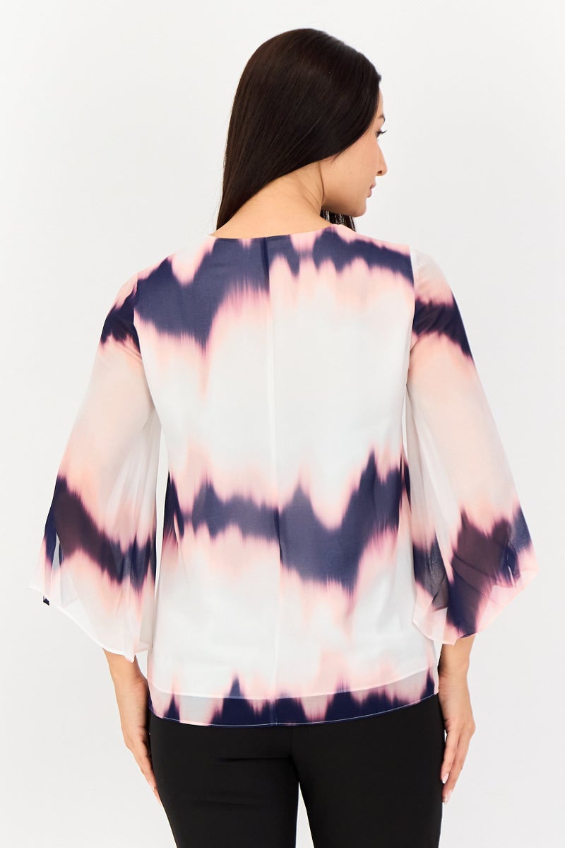 SELECTED Women V Neck Tie Dye 3/4 Sleeve Blouse, Multicolor - Image 3