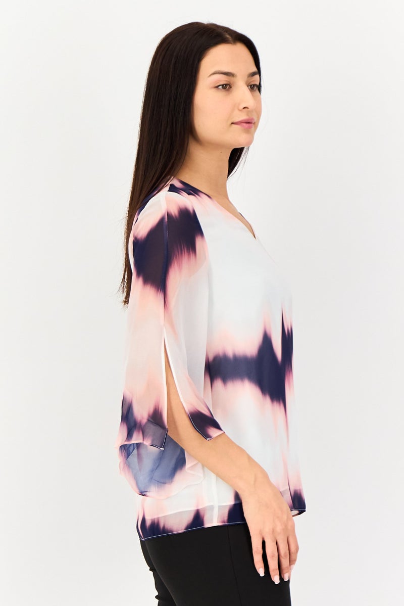 SELECTED Women V Neck Tie Dye 3/4 Sleeve Blouse, Multicolor - Image 2