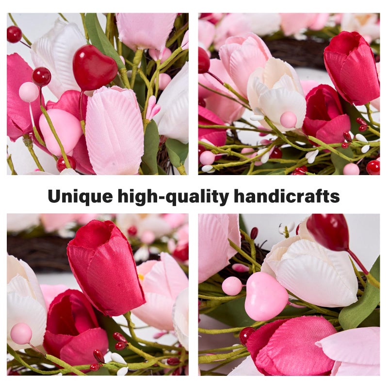 MAINGKAUNG Valentines Day Decorations 20 Inch Valentine's Day Wreath Pink Valentine Wreaths for Front Door with Red Love Heart Berries Pink Tulips Wedding Anniversary Decor - Image 4