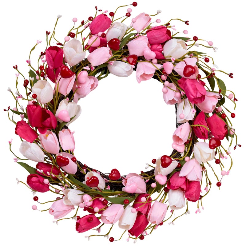 MAINGKAUNG Valentines Day Decorations 20 Inch Valentine's Day Wreath Pink Valentine Wreaths for Front Door with Red Love Heart Berries Pink Tulips Wedding Anniversary Decor - Image 1