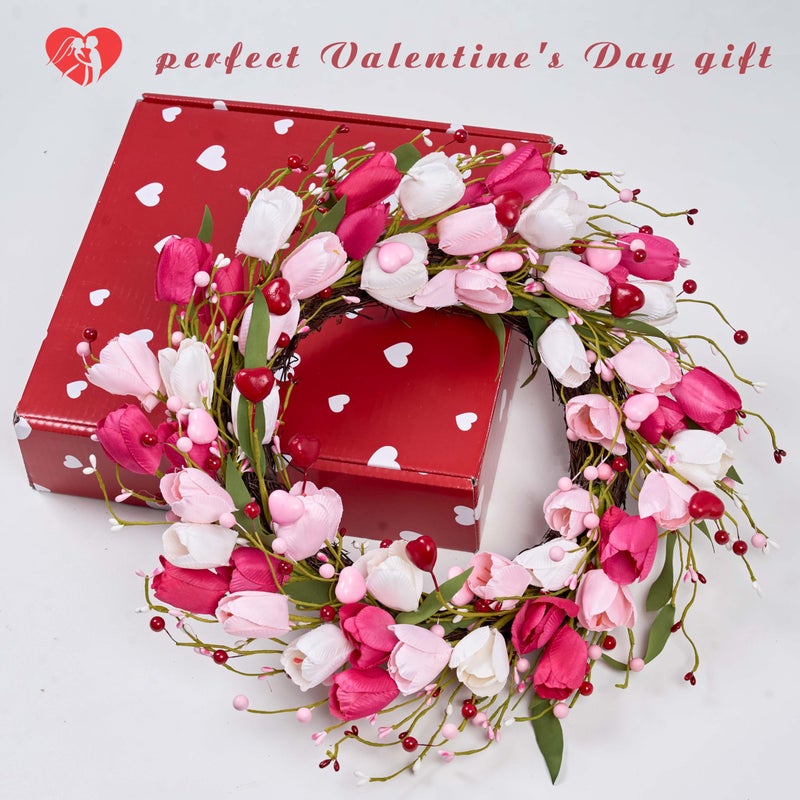 MAINGKAUNG Valentines Day Decorations 20 Inch Valentine's Day Wreath Pink Valentine Wreaths for Front Door with Red Love Heart Berries Pink Tulips Wedding Anniversary Decor - Image 2
