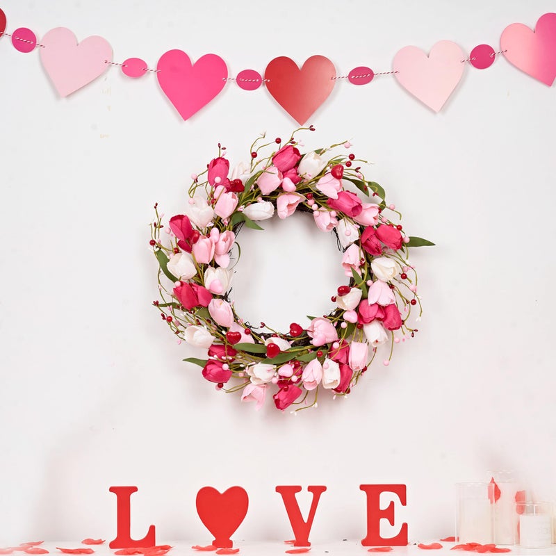 MAINGKAUNG Valentines Day Decorations 20 Inch Valentine's Day Wreath Pink Valentine Wreaths for Front Door with Red Love Heart Berries Pink Tulips Wedding Anniversary Decor - Image 5