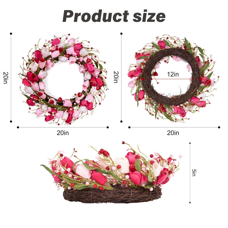 MAINGKAUNG Valentines Day Decorations 20 Inch Valentine's Day Wreath Pink Valentine Wreaths for Front Door with Red Love Heart Berries Pink Tulips Wedding Anniversary Decor - Image 3