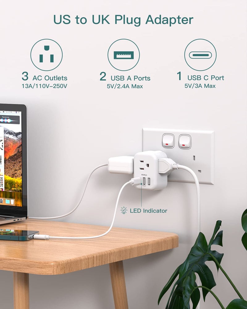 Addtam US to UK Ireland Plug Adapter, Addtam Type G Power Adapter with 3 AC Outlets and 3 USB(1 USB C), Travel Essentials for USA to Dubai Scotland British London England Hong Kong Irish - Image 2
