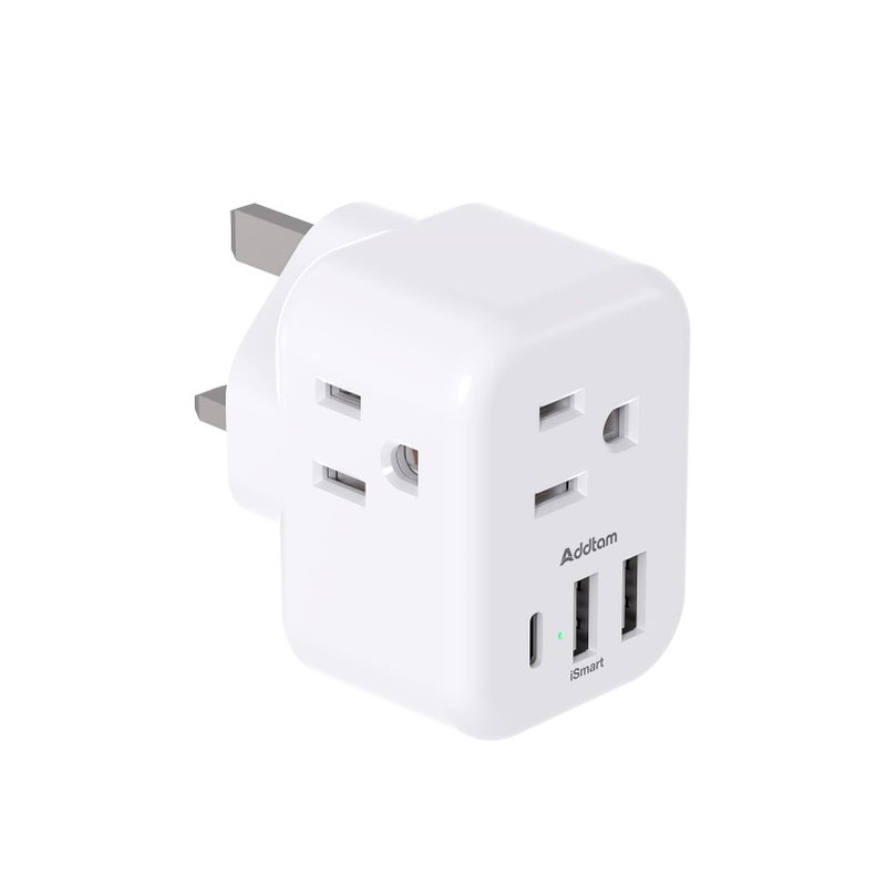 Addtam US to UK Ireland Plug Adapter, Addtam Type G Power Adapter with 3 AC Outlets and 3 USB(1 USB C), Travel Essentials for USA to Dubai Scotland British London England Hong Kong Irish - Image 1