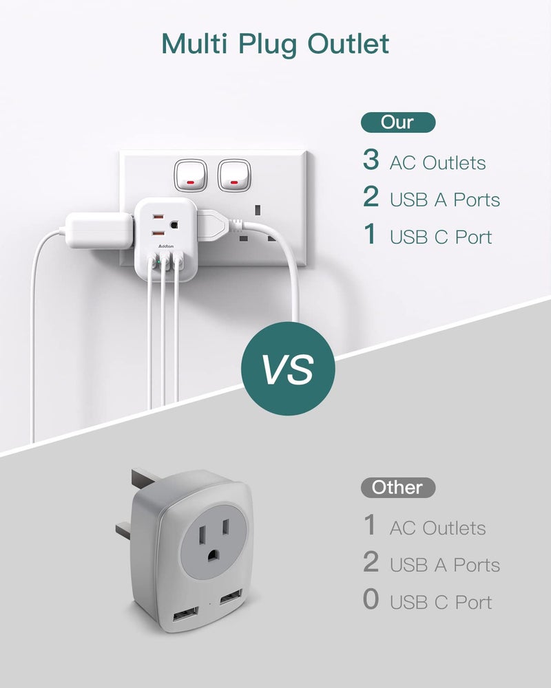 Addtam US to UK Ireland Plug Adapter, Addtam Type G Power Adapter with 3 AC Outlets and 3 USB(1 USB C), Travel Essentials for USA to Dubai Scotland British London England Hong Kong Irish - Image 3