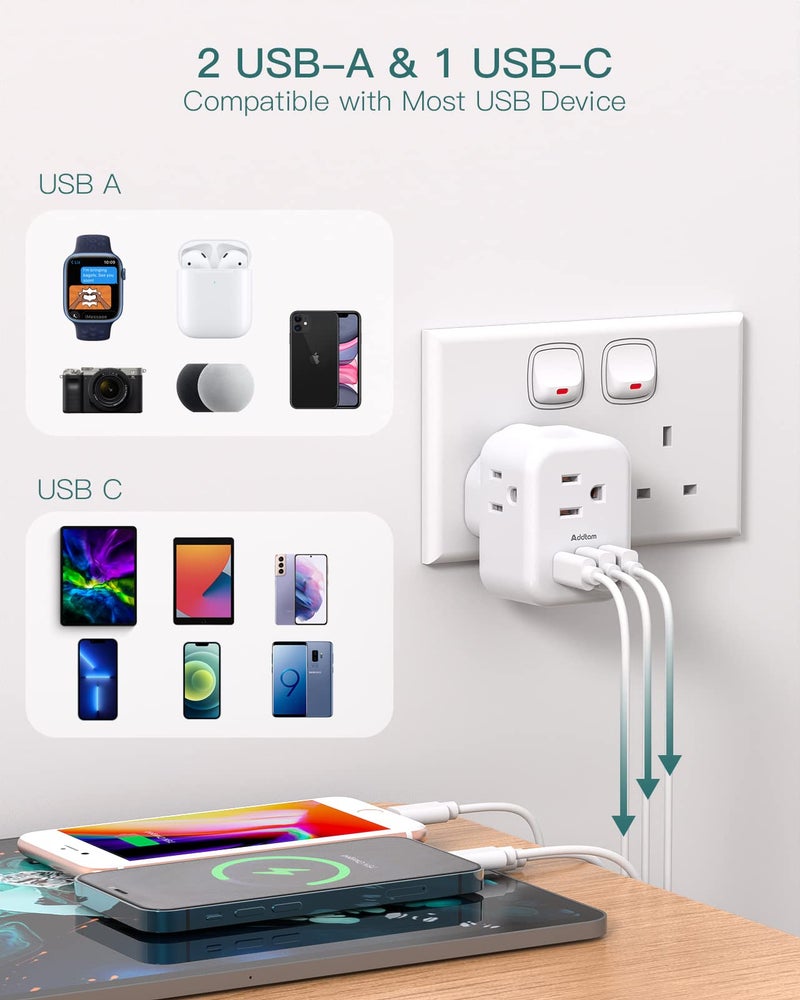 Addtam US to UK Ireland Plug Adapter, Addtam Type G Power Adapter with 3 AC Outlets and 3 USB(1 USB C), Travel Essentials for USA to Dubai Scotland British London England Hong Kong Irish - Image 5