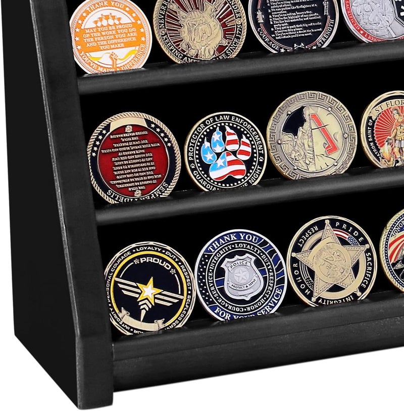 ASmileIndeep 4 Rows Wooden Military Challenge Coin Display Case Wall Mount - Army Coin Collectibles Holder Display Stand Rack, Black - Image 5