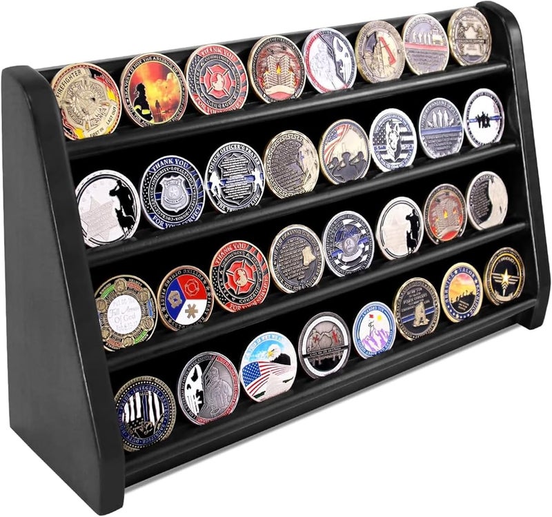 ASmileIndeep 4 Rows Wooden Military Challenge Coin Display Case Wall Mount - Army Coin Collectibles Holder Display Stand Rack, Black - Image 1
