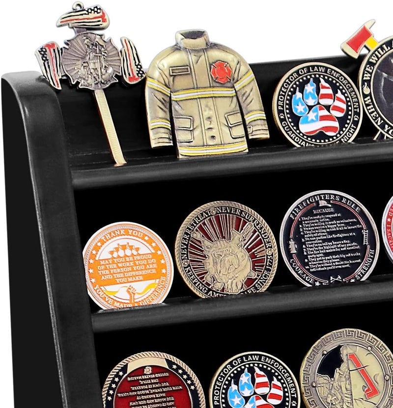 ASmileIndeep 4 Rows Wooden Military Challenge Coin Display Case Wall Mount - Army Coin Collectibles Holder Display Stand Rack, Black - Image 4