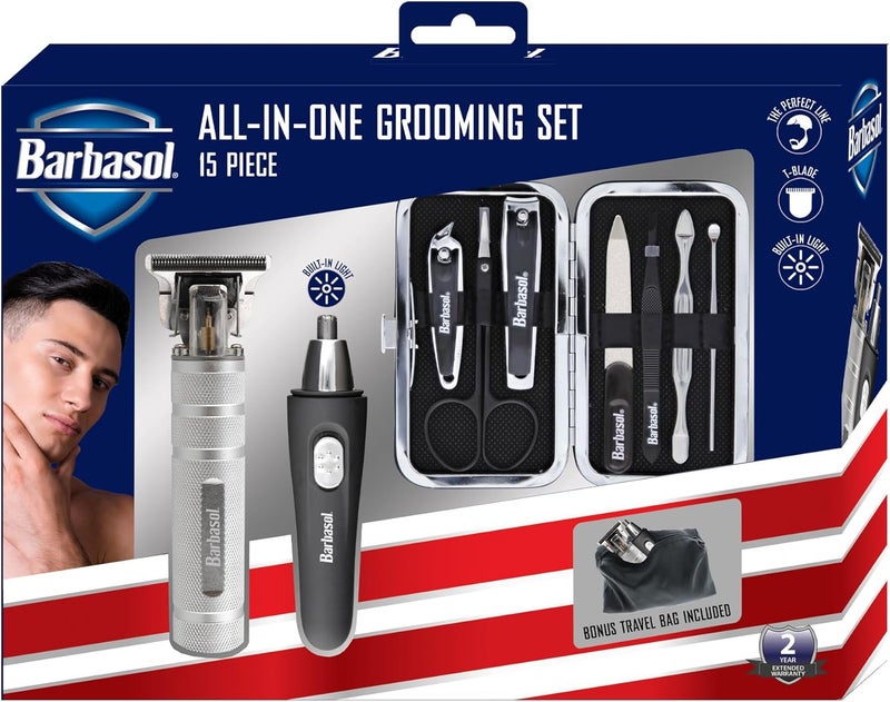 Barbasol Grooming Kit for Men 15 Piece Mens Grooming and Manicure Travel Set includes a TBlade Trimmer Nose  Ear Trimmer 2 Nail Clippers Cuticle Scissors File  More Perfect for Travel
