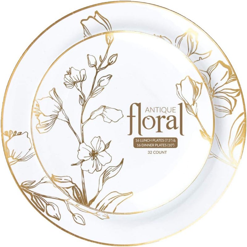 Blue Sky Elegant  Antique Gold Floral Combo Plates 10  7  32 Pcs  Vintage Design Party Plates Perfect for Weddings and Special Occasions - Image 1