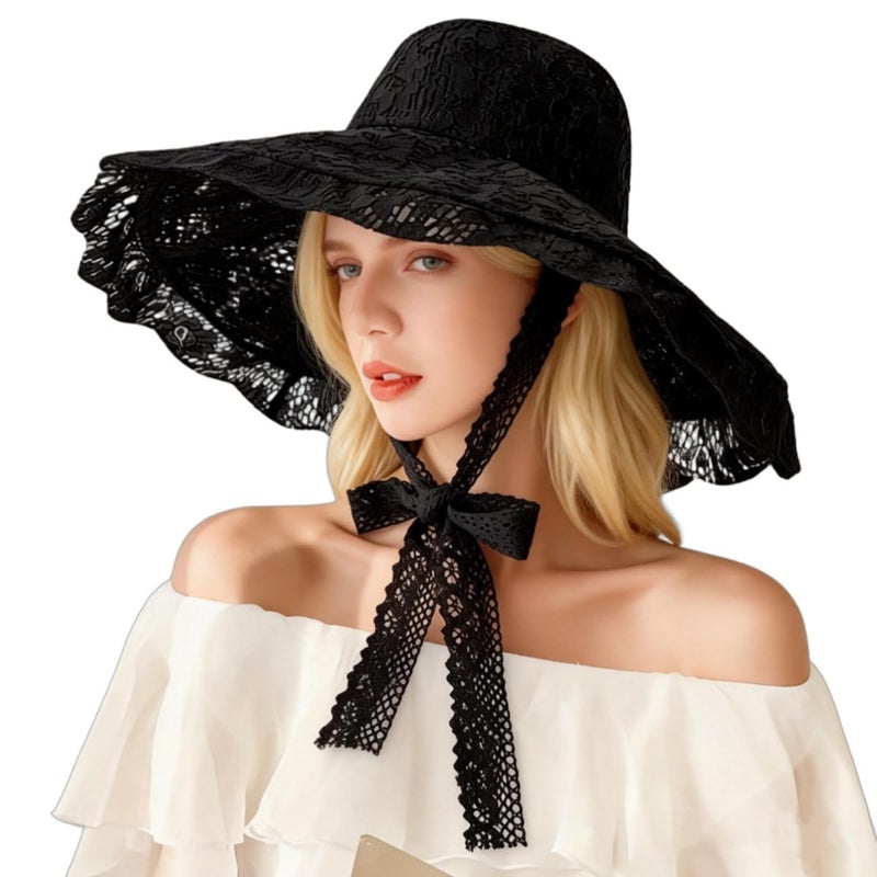 IBLUELOVER Women Lace Beach Sun Hat Floppy Wide Brim Fishermen Hat Foldable Bowler Bucket Cap Outdoor Travel Sunshade Cap Church Hats Black - Image 1