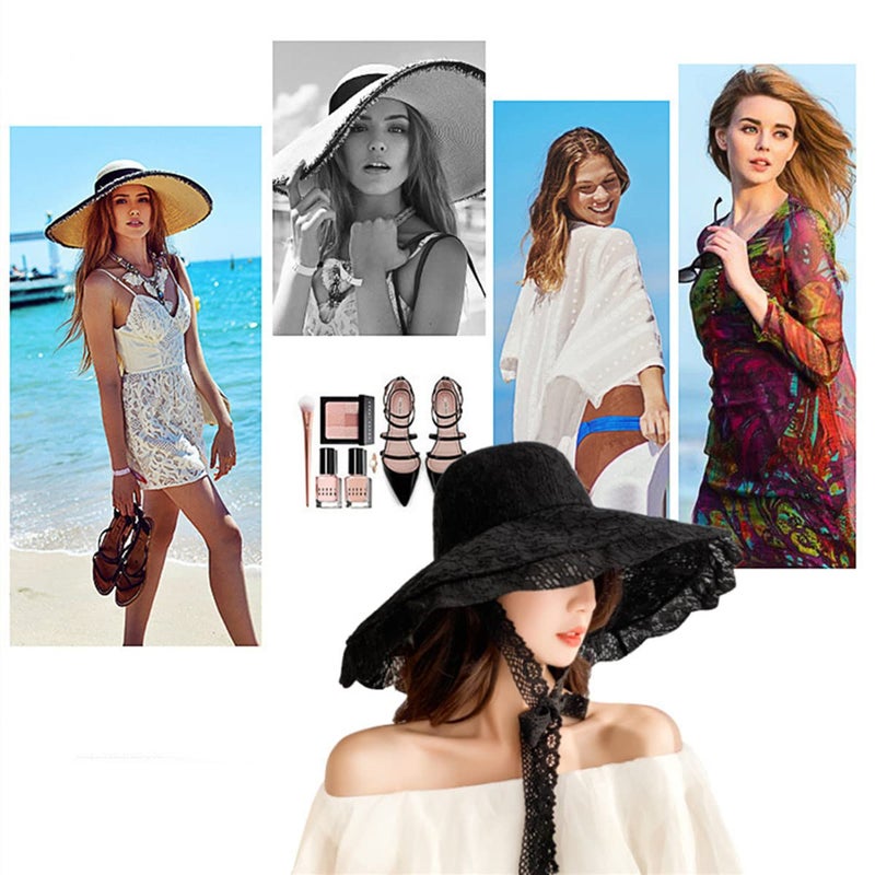 IBLUELOVER Women Lace Beach Sun Hat Floppy Wide Brim Fishermen Hat Foldable Bowler Bucket Cap Outdoor Travel Sunshade Cap Church Hats Black - Image 4