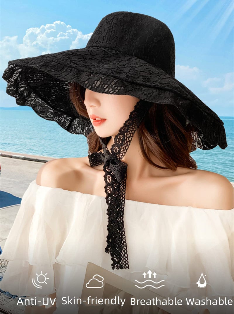 IBLUELOVER Women Lace Beach Sun Hat Floppy Wide Brim Fishermen Hat Foldable Bowler Bucket Cap Outdoor Travel Sunshade Cap Church Hats Black - Image 3
