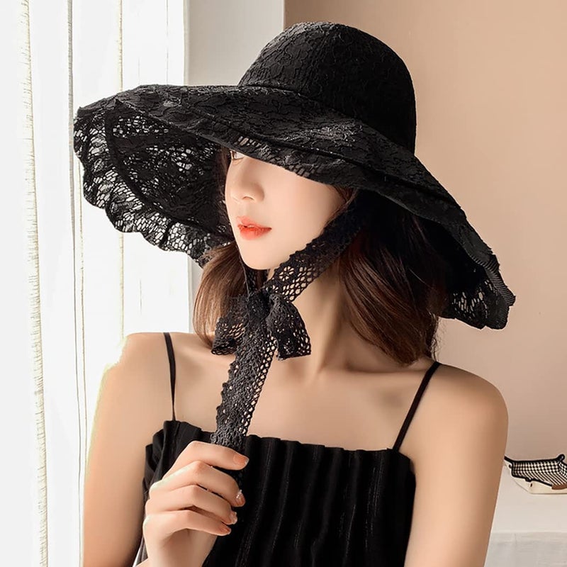 IBLUELOVER Women Lace Beach Sun Hat Floppy Wide Brim Fishermen Hat Foldable Bowler Bucket Cap Outdoor Travel Sunshade Cap Church Hats Black - Image 5