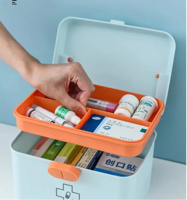 GNEY Multi-Layer Portable Medicine Box Organizer with Lock | Double-Decker Medical Storage Case with Tray | First Aid Kit Box for Home, Office & Travel – Available in Pink, Blue & Yellow - Image 4