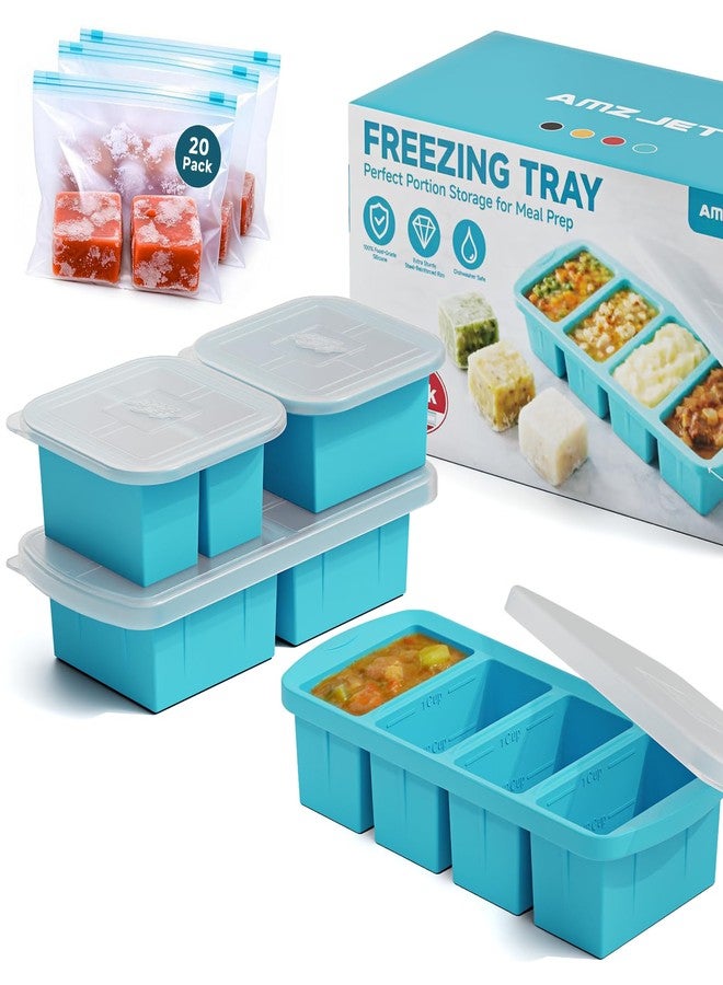 Amz Jet 4-Pack Silicone Freezer Trays with Lid & 20 Bags - Multi-Size 1-Cup & 2-Cup Portions, Food-Grade Silicone Freezer Molds for Soup & Meal Prep - Freezer Storage Containers, Oven & Dishwasher Safe - Blue - Image 1
