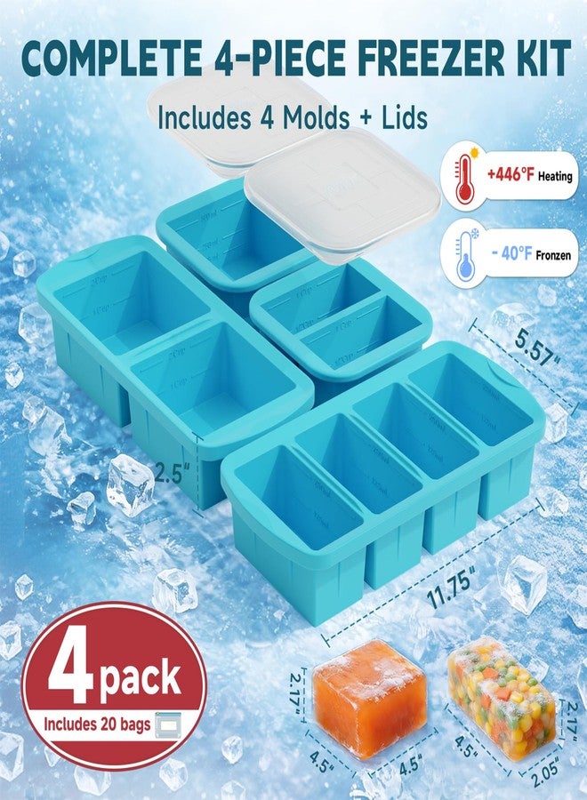 Amz Jet 4-Pack Silicone Freezer Trays with Lid & 20 Bags - Multi-Size 1-Cup & 2-Cup Portions, Food-Grade Silicone Freezer Molds for Soup & Meal Prep - Freezer Storage Containers, Oven & Dishwasher Safe - Blue - Image 2