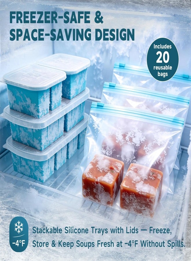 Amz Jet 4-Pack Silicone Freezer Trays with Lid & 20 Bags - Multi-Size 1-Cup & 2-Cup Portions, Food-Grade Silicone Freezer Molds for Soup & Meal Prep - Freezer Storage Containers, Oven & Dishwasher Safe - Blue - Image 4
