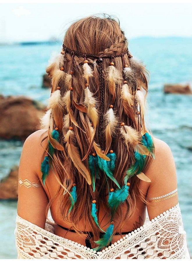 CAKURE Boho Feather Headband Hippie Hair Accessories Blue Feather Headpiece Gypsy Indian Headdress For Women - Image 1