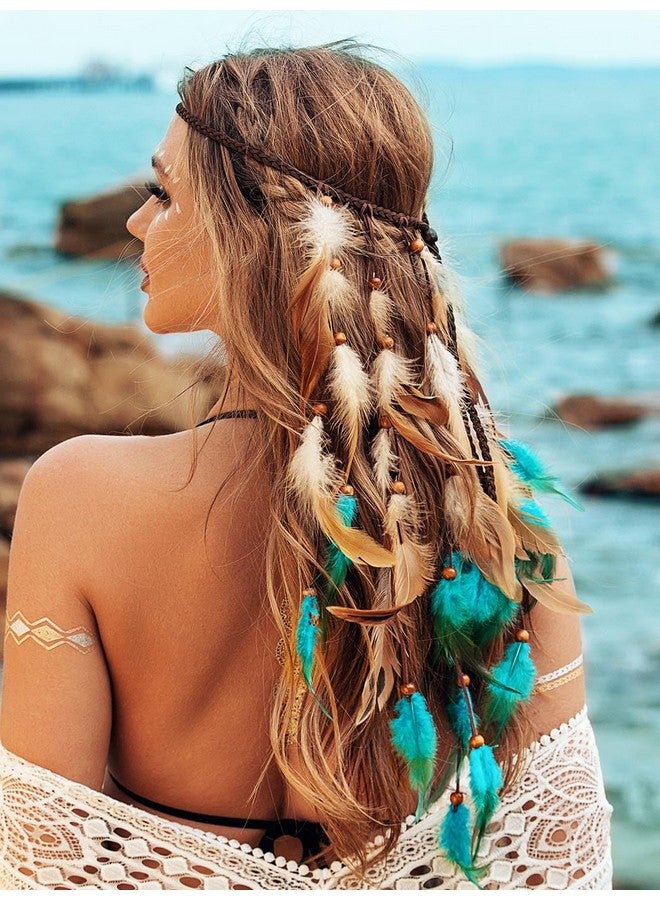 CAKURE Boho Feather Headband Hippie Hair Accessories Blue Feather Headpiece Gypsy Indian Headdress For Women - Image 3