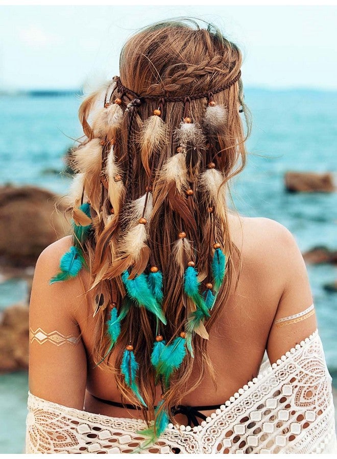 CAKURE Boho Feather Headband Hippie Hair Accessories Blue Feather Headpiece Gypsy Indian Headdress For Women - Image 4