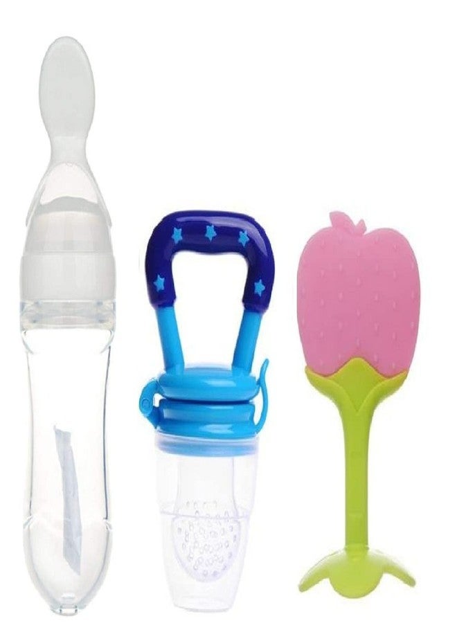 Lappu Baby Rice Paste Milk Cereal Bottle Food Feeder & Baby Fruit Nibbler & Silicone Teether (Combo Saver Pack) (Green-Blue-Apple) - Image 1