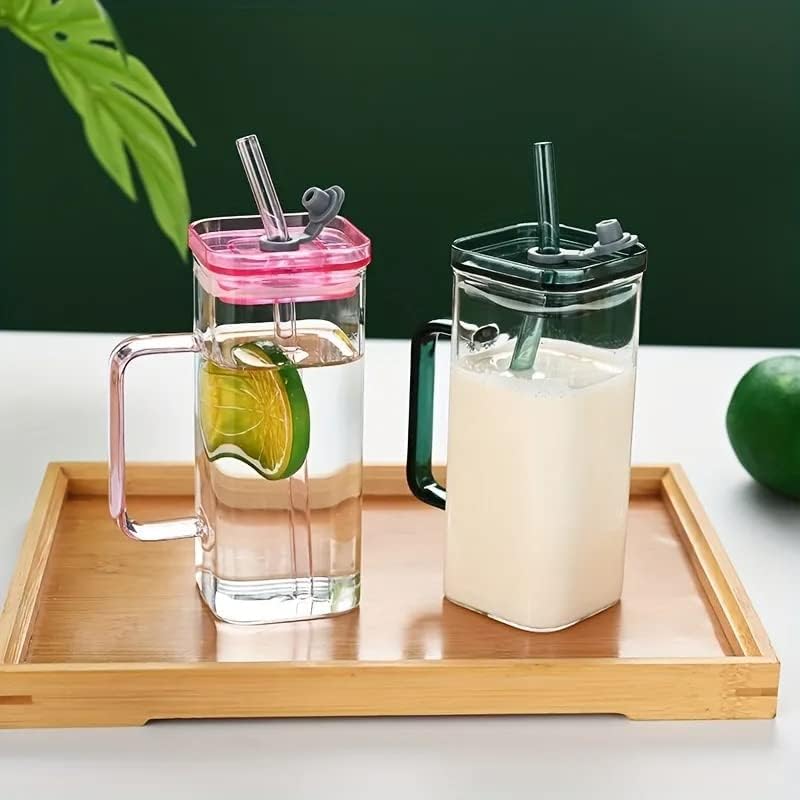 ZROY ENTERPRISE Random Color Glass - 400ml - Fruit Juice Soda Milk Sipper Tumbler Mug with Acrylic/Wooden Lid and Glass Straw Tea and Coffee Cup Can Set (1, Acrylic Lid Square) - Image 5